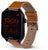 Reloj inteligente unisex, vista lateral, caja negra y correa de cuero marrón