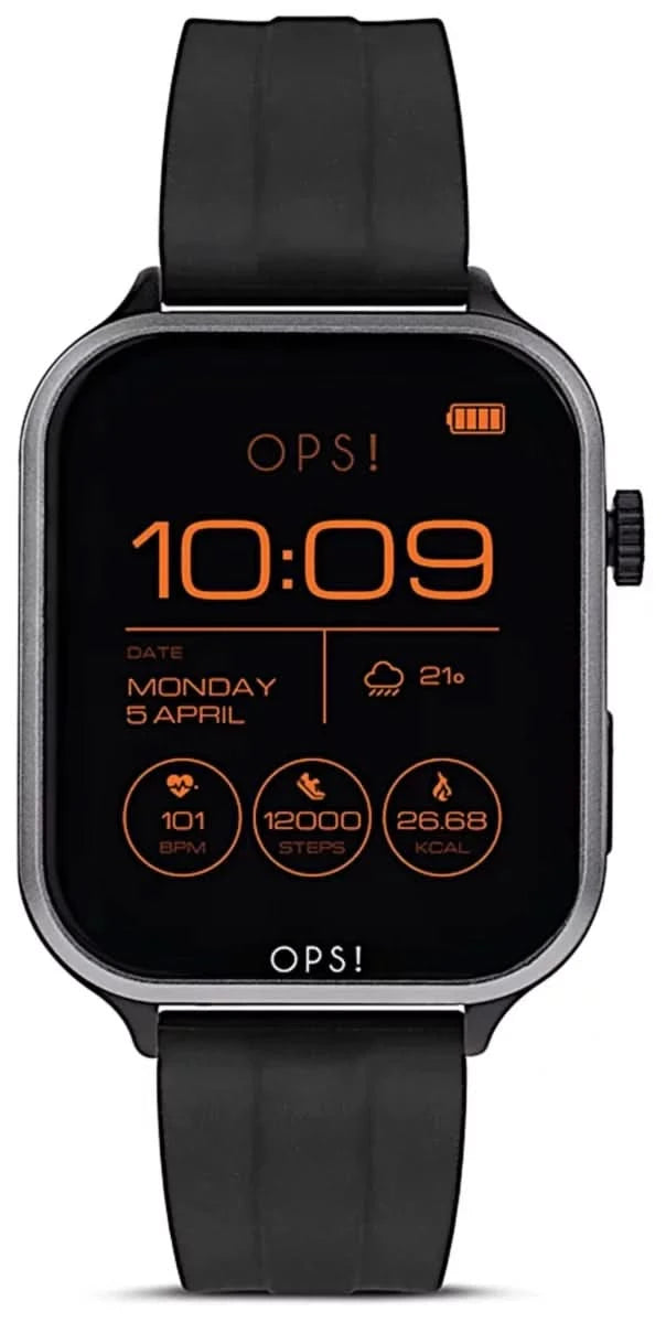 Reloj inteligente unisex con correa de silicona negra, pantalla OPS! 10:09