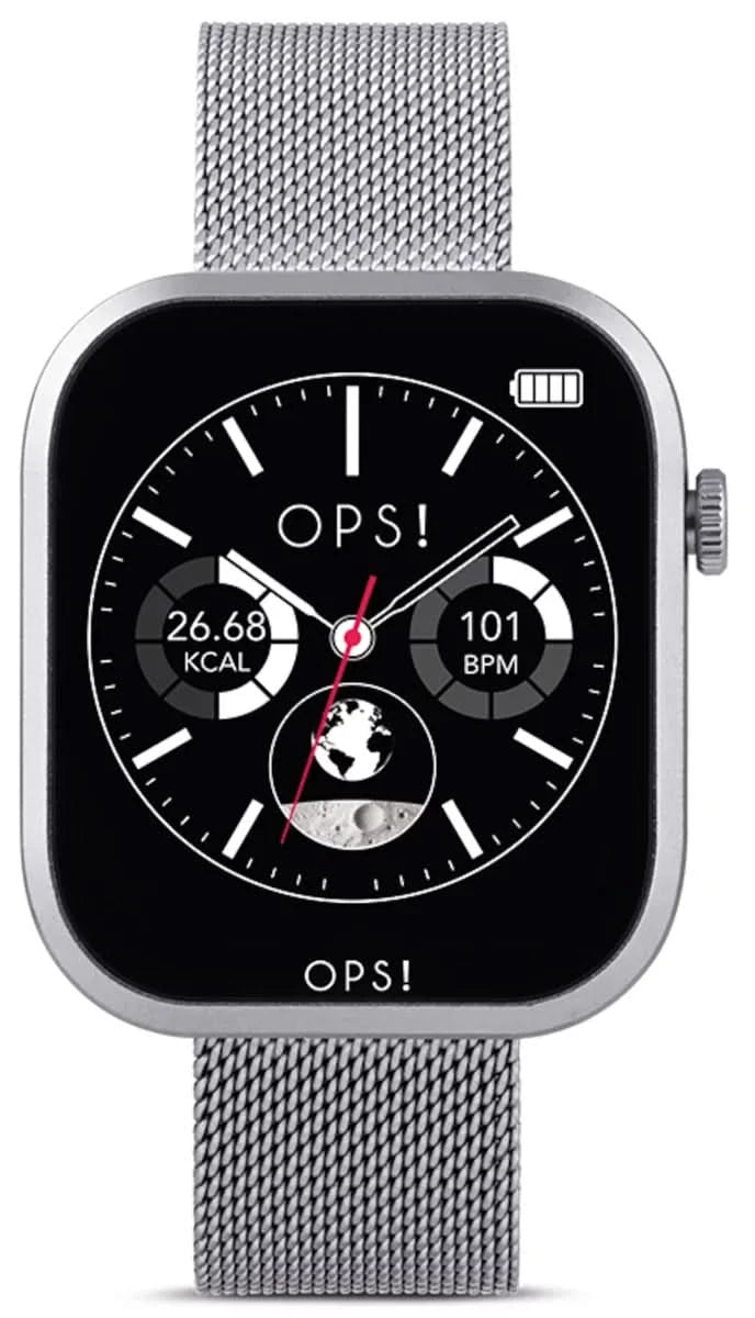 Reloj inteligente unisex con correa de malla de acero inoxidable plateado y pantalla negra