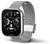Reloj inteligente unisex con correa de malla de acero inoxidable plateado, botón lateral y esfera negra