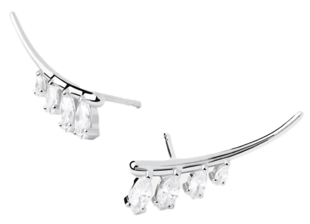Pendientes plateados con colgante, barra curva y cuatro piedras transparentes facetadas