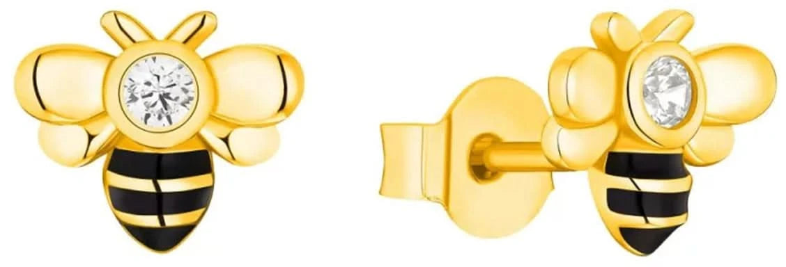 Pendientes de abeja con alas de oro amarillo, piedra brillante y rayas doradas y negras