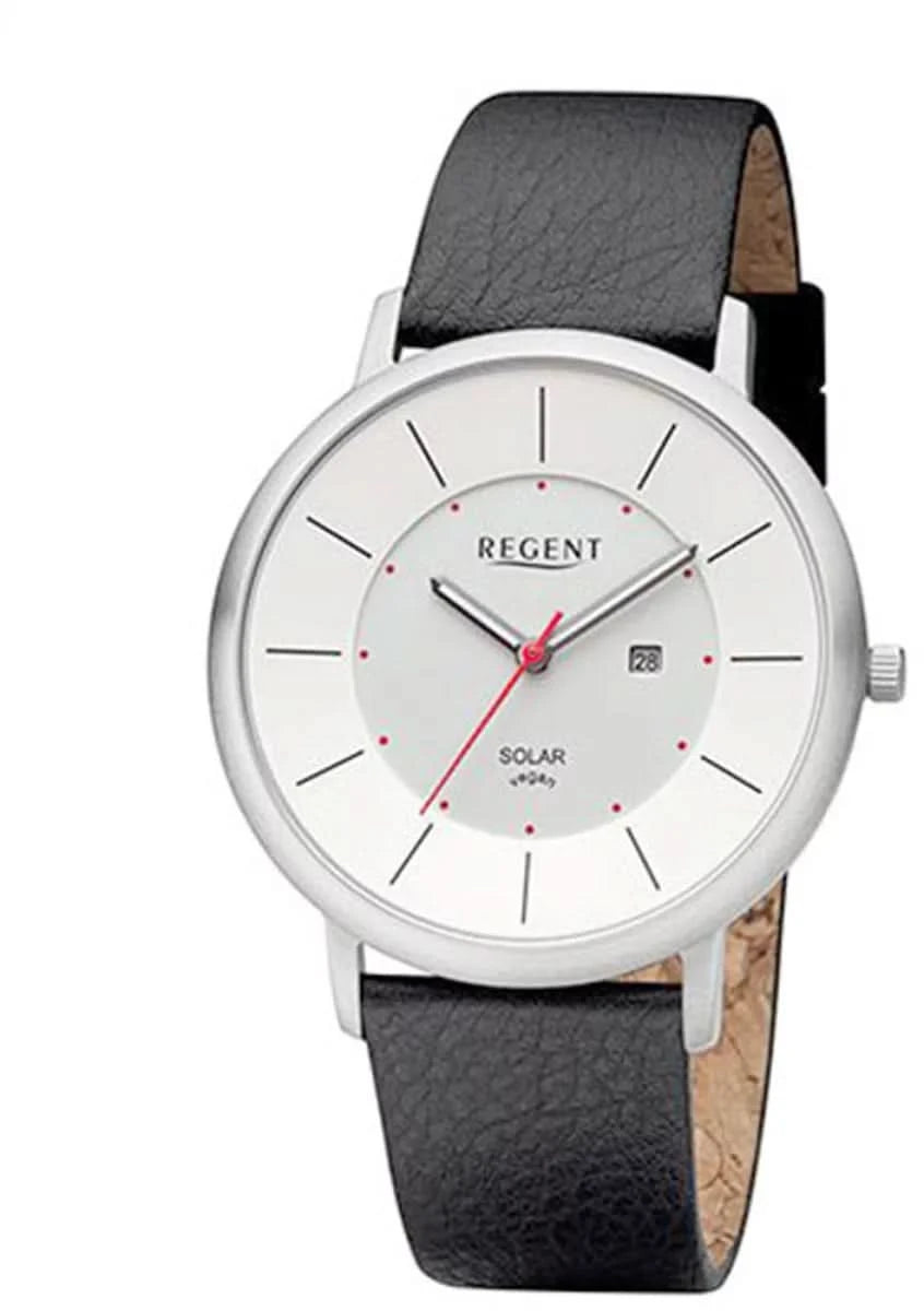 Reloj s.Oliver REGENT-BA con correa de cuero negra, caja redonda plateada y esfera blanca.