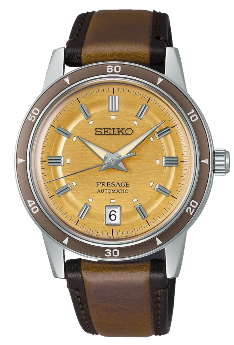 SEIKO Presage Reloj de hombre con esfera amarilla, correa de cuero marrón, caja plateada