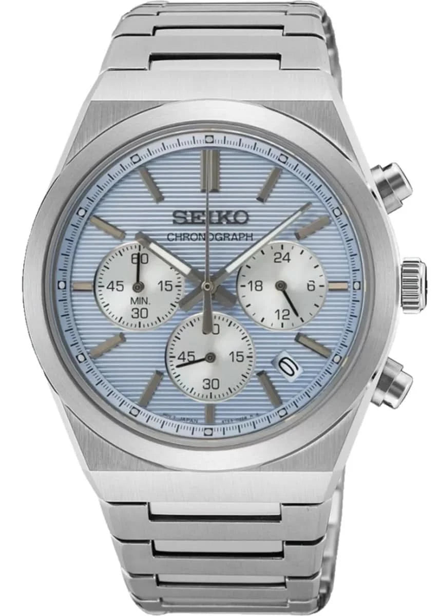 Reloj cronógrafo para hombre con correa de metal plateado y esfera azul a rayas