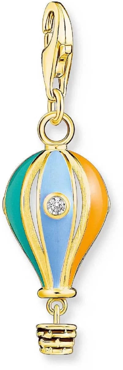 Colgante dorado con esmalte de globo aerostático, azul y amarillo, con piedra de purpurina