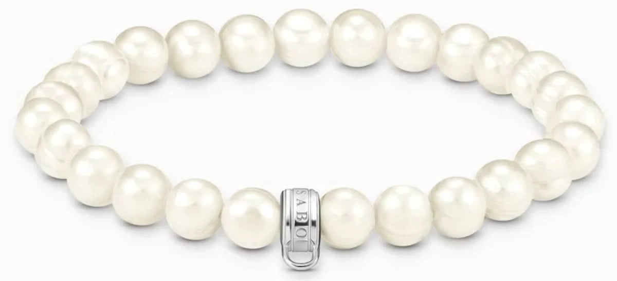 Pulsera de perlas con perlas de agua dulce blancas y ojo de plata para charms