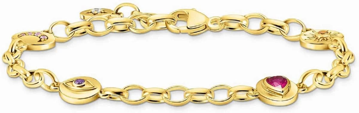 Pulsera de eslabones en tono dorado con múltiples dijes y piedras decorativas de colores