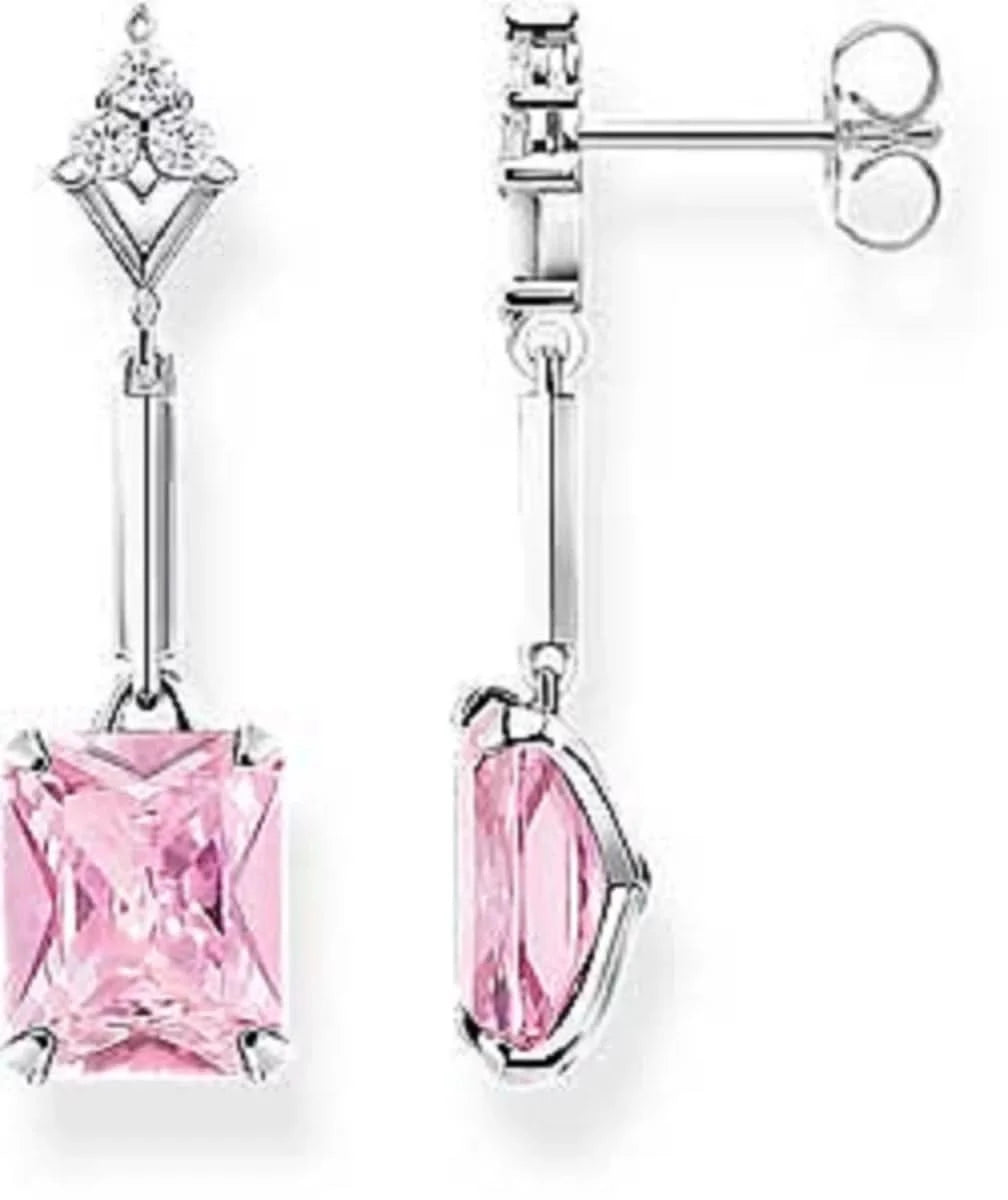 Colgantes de oreja de plata de ley 925 con piedra rosa y piedras decorativas blancas
