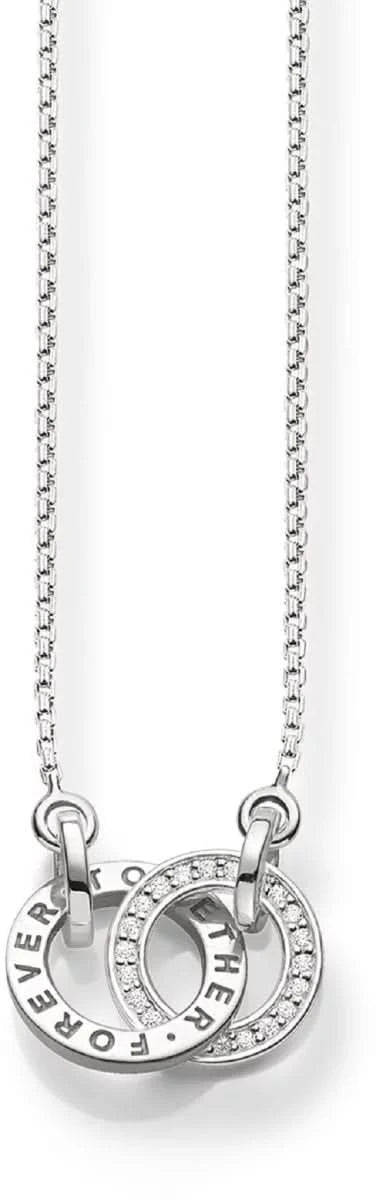 Collar de plata con colgante de doble círculo y pedrería, cadena de eslabones.