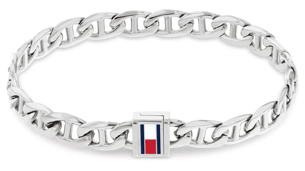 Pulsera de eslabones para hombre de acero inoxidable con detalle de logo rectangular, plateada