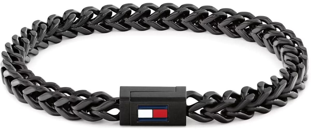 Pulsera de hombre de acero inoxidable negro con eslabones trenzados y cierre rectangular, bandera