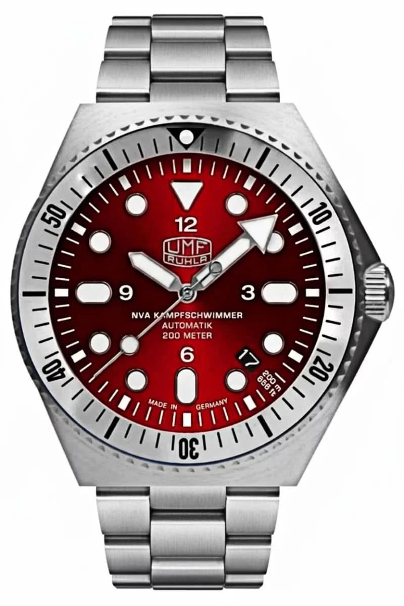 Reloj de hombre con esfera roja, bisel plateado y correa de acero inoxidable