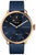 Smartwatch híbrida: esfera azul, caja de oro rosa, correa de silicona azul oscuro