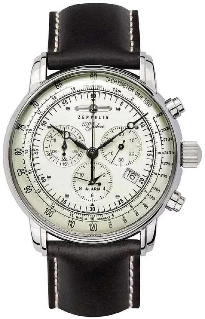 Reloj de hombre: esfera blanca, correa de cuero negra, indicadores de cronógrafo y alarma