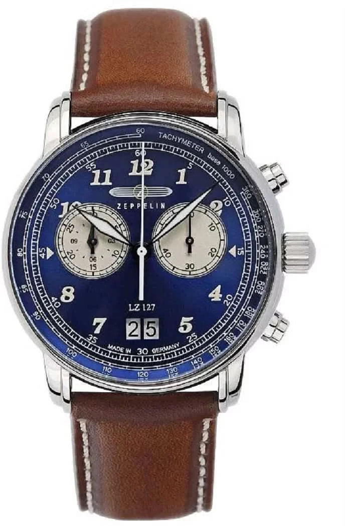 Pulsera de hombre con correa de cuero marrón, esfera azul y subesferas de cronógrafo