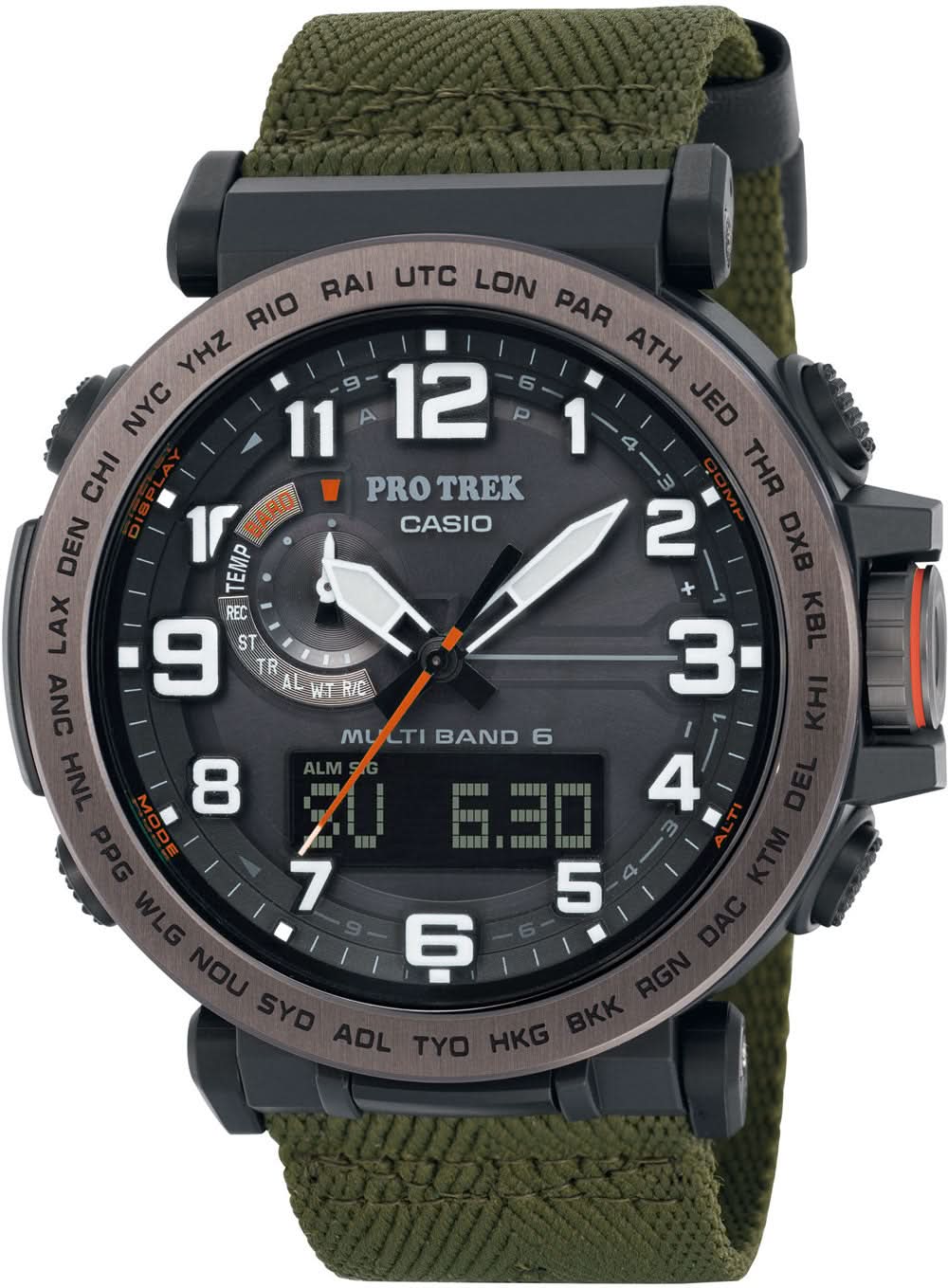 Reloj Casio Pro Trek para hombre con correa textil verde, esfera negra y pantalla digital