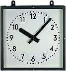 Reloj de pared con marco negro, esfera blanca y manecillas negras, rectangular