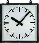 Reloj de pared cuadrado con marco negro, esfera blanca y manecillas negras