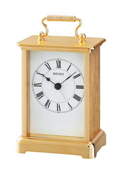 Reloj de mesa Seiko dorado de metal con esfera blanca y números romanos