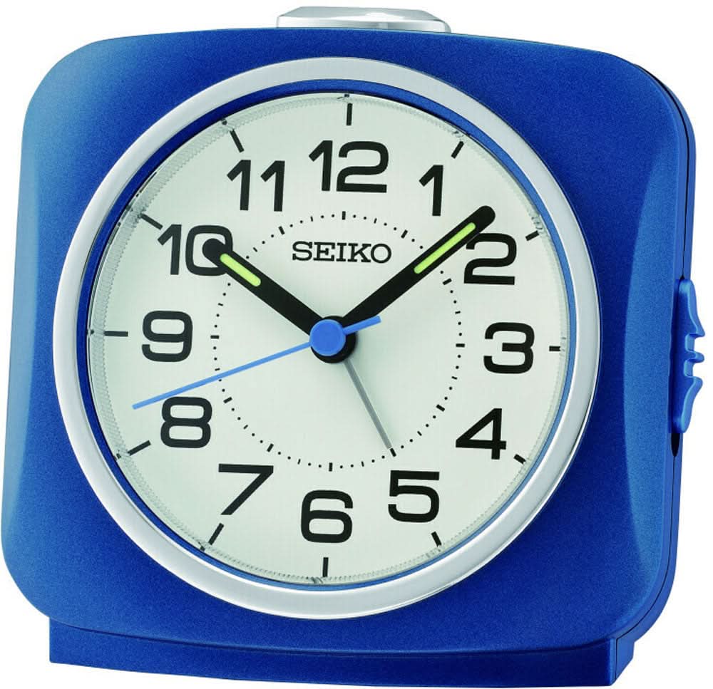 Despertador de cuarzo de plástico azul con esfera blanca, manecillas verdes e indicador de segundos