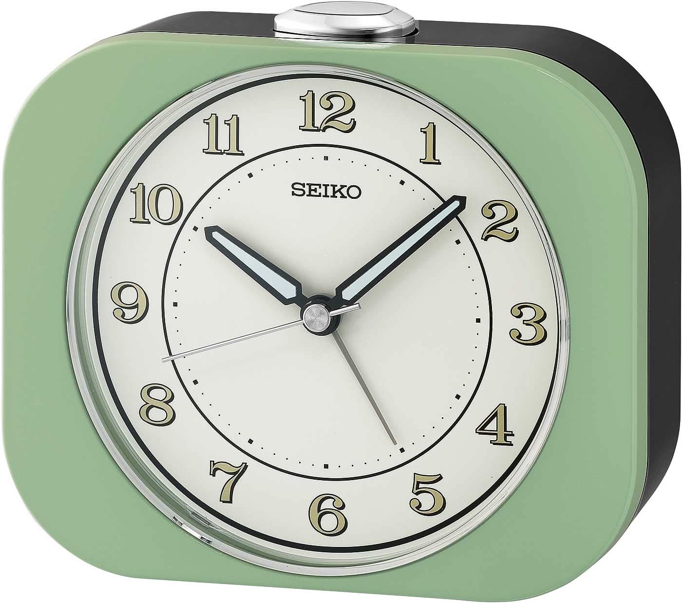 Seiko despertador clásico con caja redonda de plástico verde, esfera blanca y manecillas analógicas
