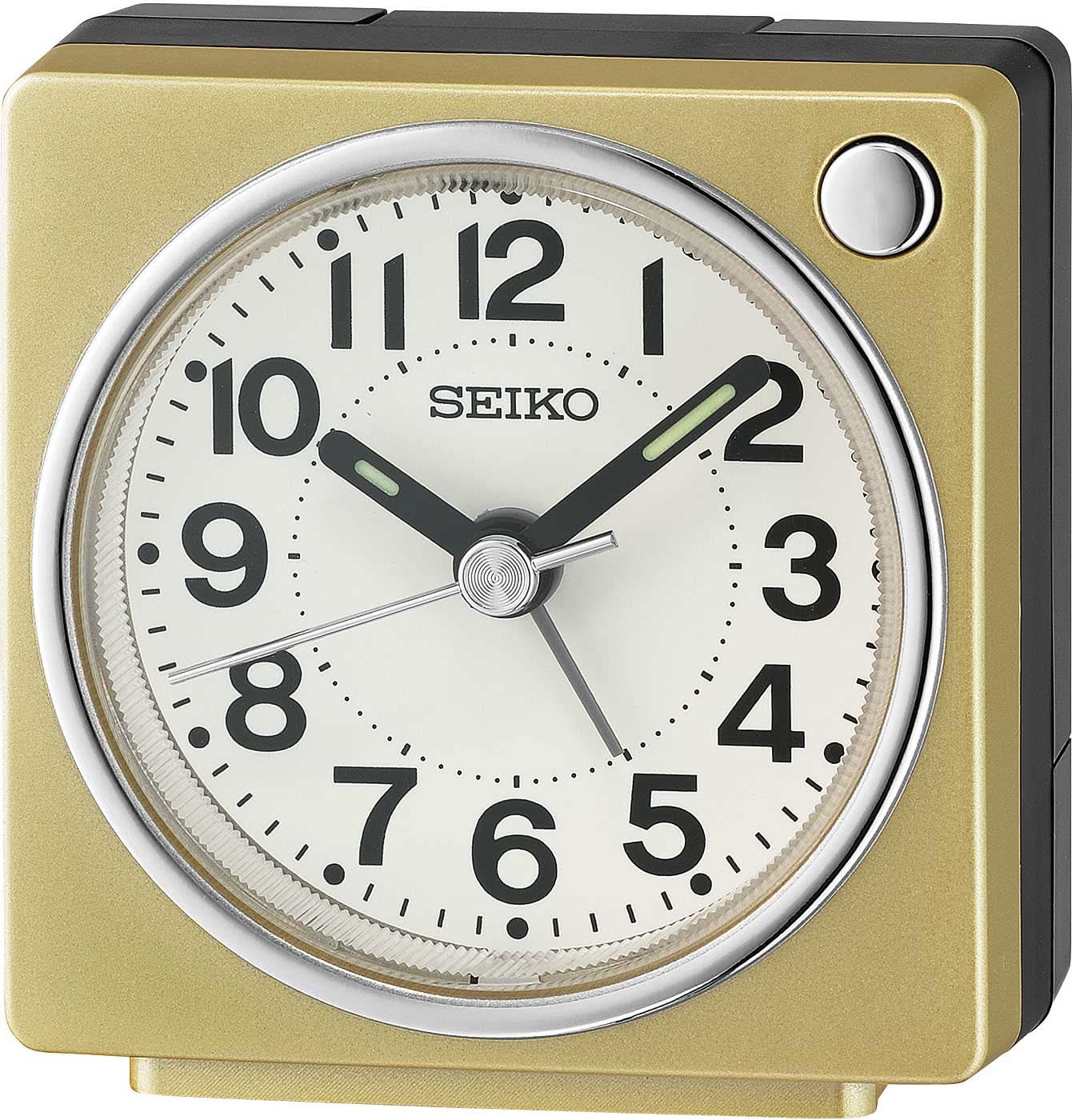 Despertador compacto de plástico Seiko con esfera analógica redonda y manecillas negras