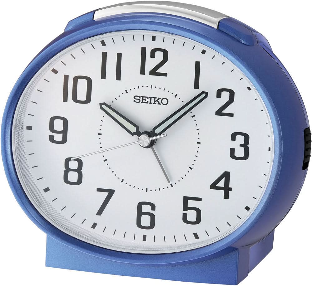 Despertador analógico de plástico azul con esfera blanca, manecillas negras y SEIKO