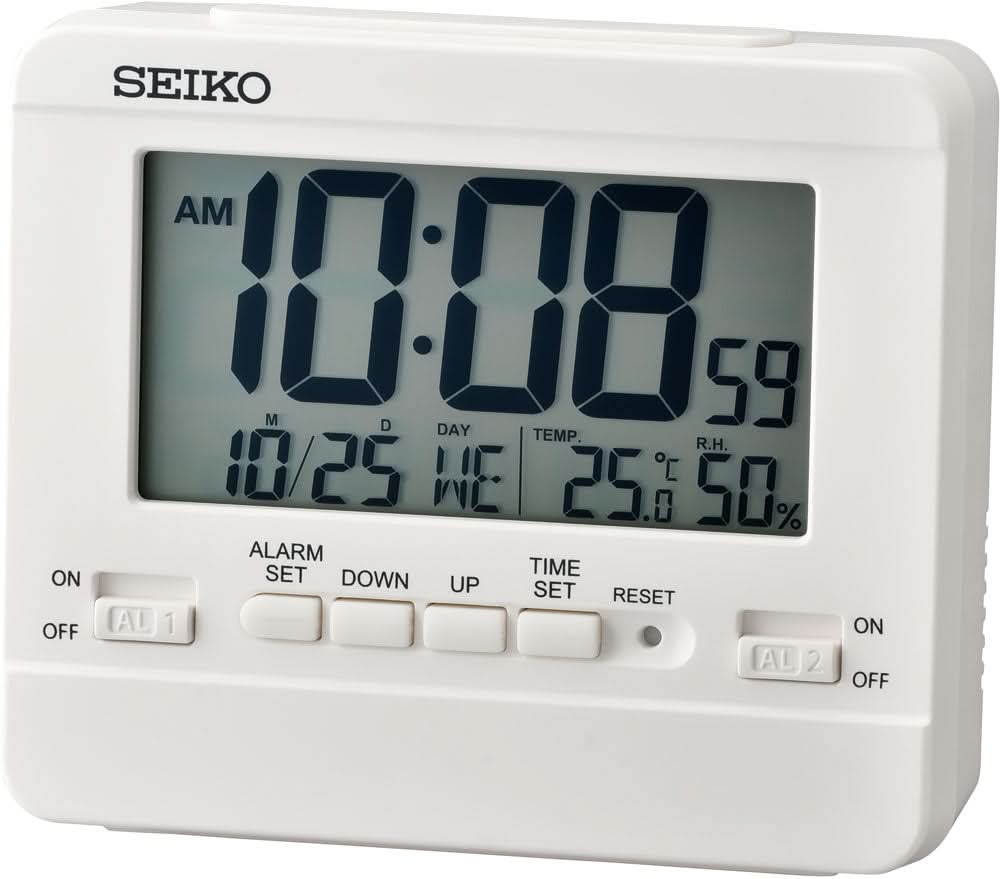 Despertador digital de plástico con pantalla LCD grande, botones e interruptores, indicador AM/alarma