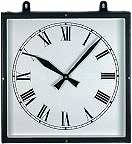 Reloj de pared de metal con marco negro, esfera blanca, números romanos e manecillas
