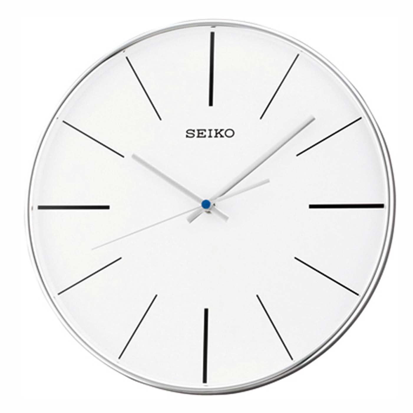 Reloj de pared Seiko: reloj redondo con esfera blanca, manecillas negras y borde metálico
