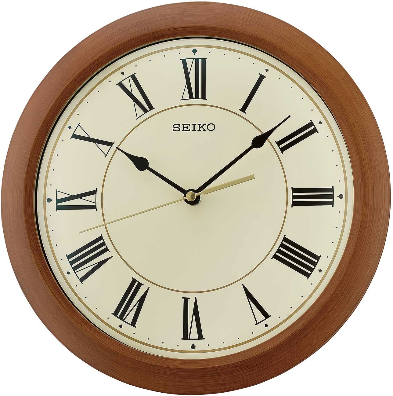 Reloj de pared con marco de aspecto de madera, esfera color crema y números romanos