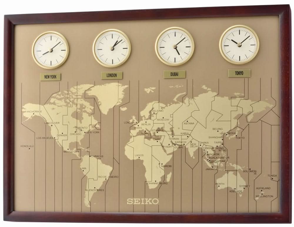 Reloj de pared en marco de madera con mapa del mundo y cuatro subesferas; SEIKO