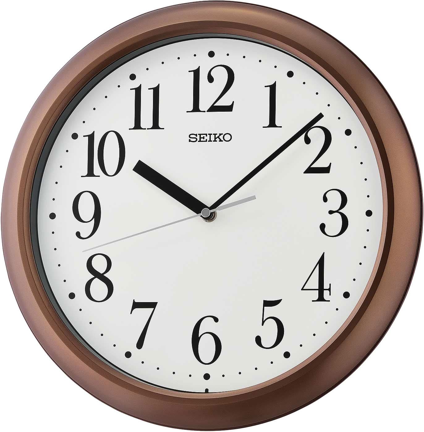 Reloj de pared redondo con marco de plástico marrón y esfera blanca, números romanos, SEIKO