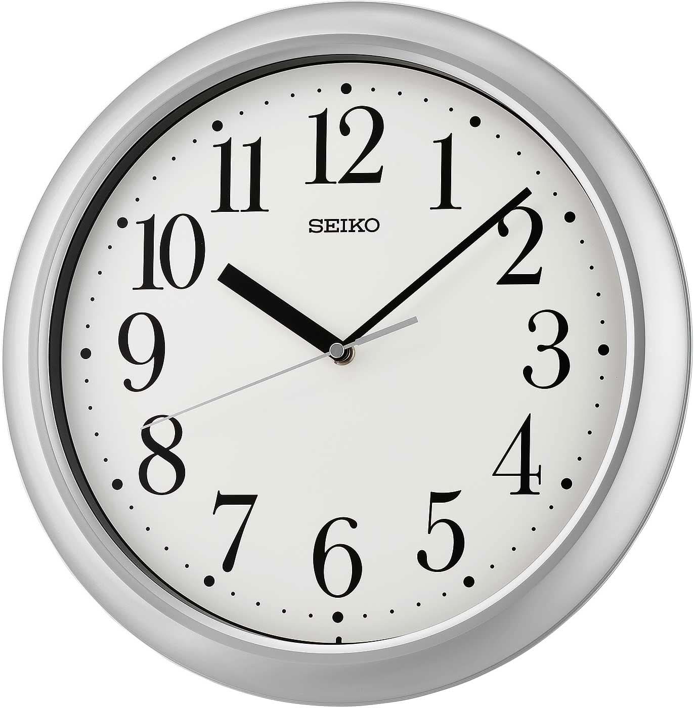 Reloj de pared redondo con marco de plástico plateado, esfera blanca y manecillas negras