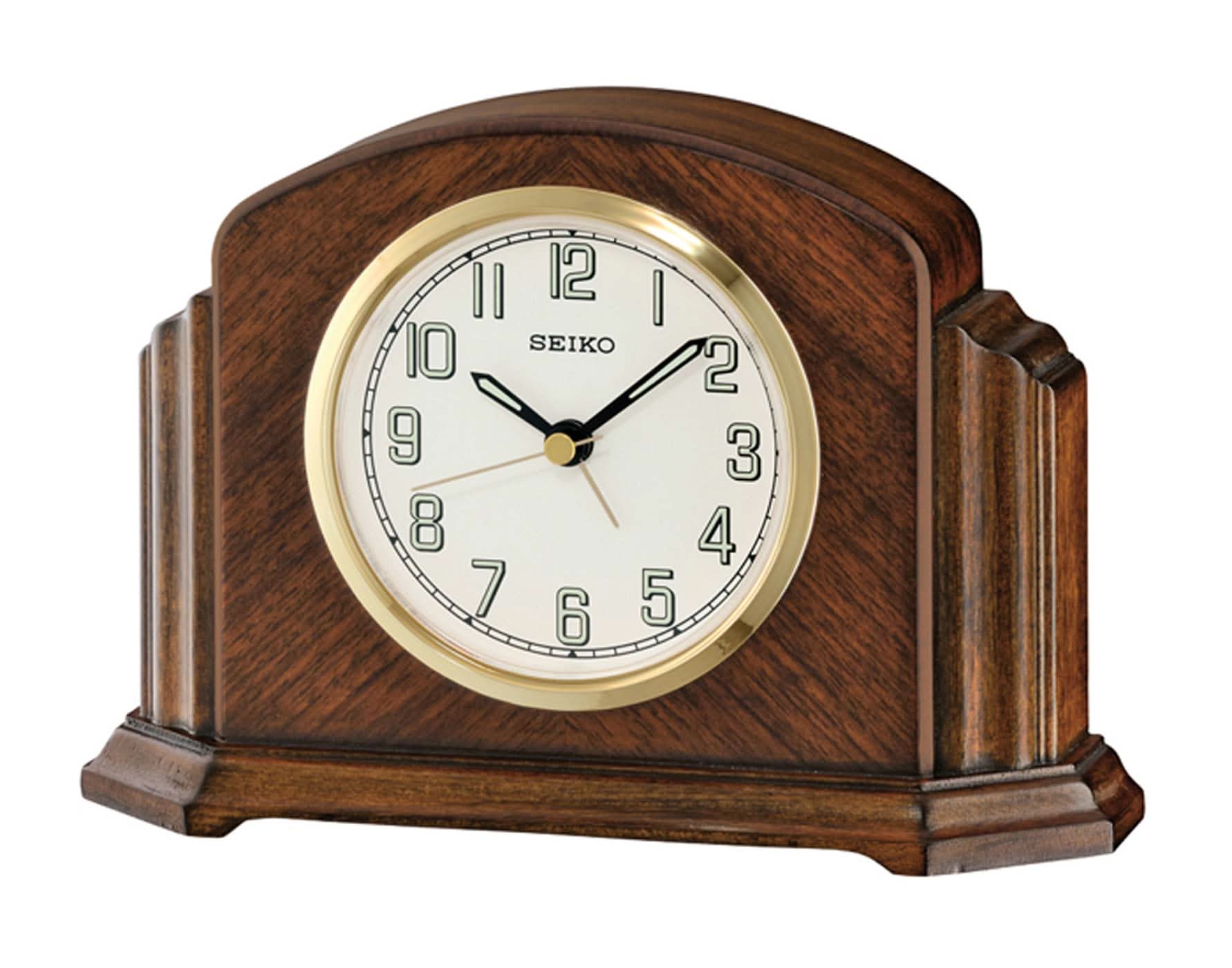Reloj de mesa de madera con esfera redonda y borde dorado