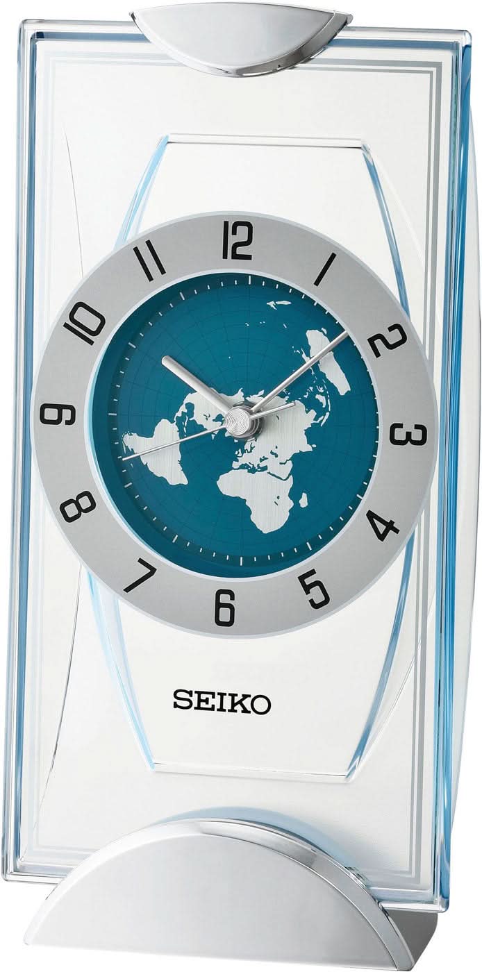 Reloj de mesa con esfera redonda en azul petróleo, mapa del mundo, borde plateado, Seiko