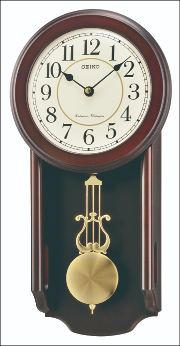 "Reloj de pared de madera con esfera redonda, números romanos y péndulo de peso dorado"