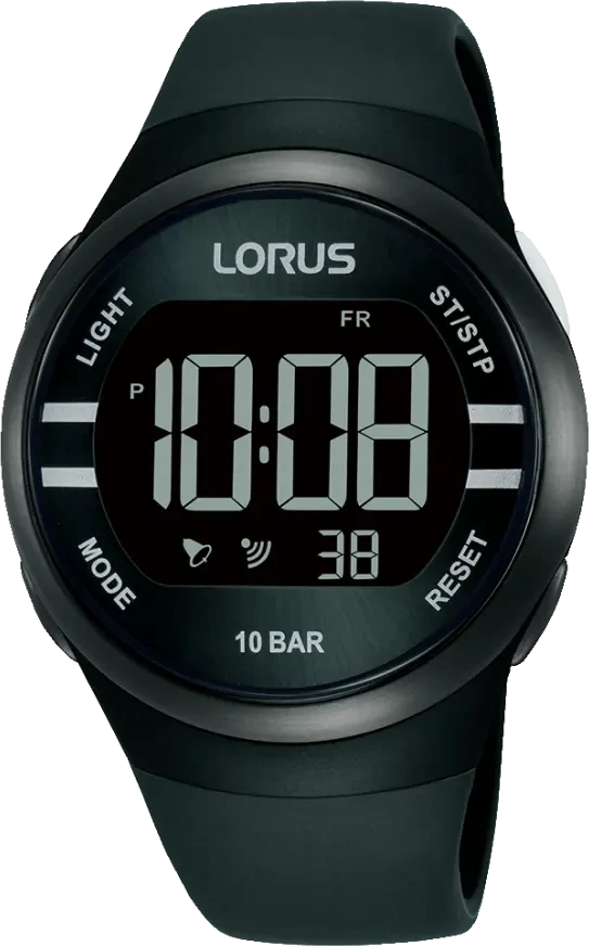 Lorus Reloj digital con pantalla LCD negra y correa de caucho, 10 BAR