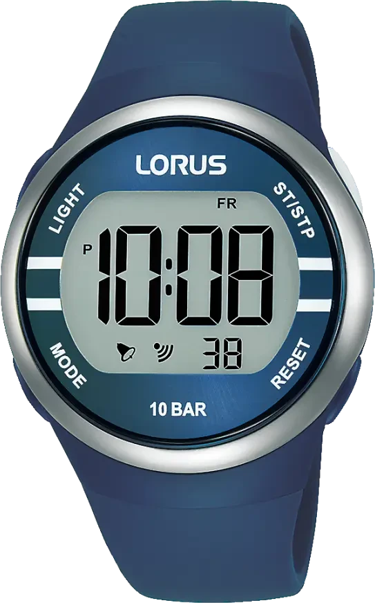 Reloj digital Lorus con caja redonda, correa de silicona azul y resistencia al agua 10 BAR