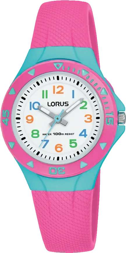 Reloj infantil Lorus con correa de silicona rosa, bisel y esfera turquesa