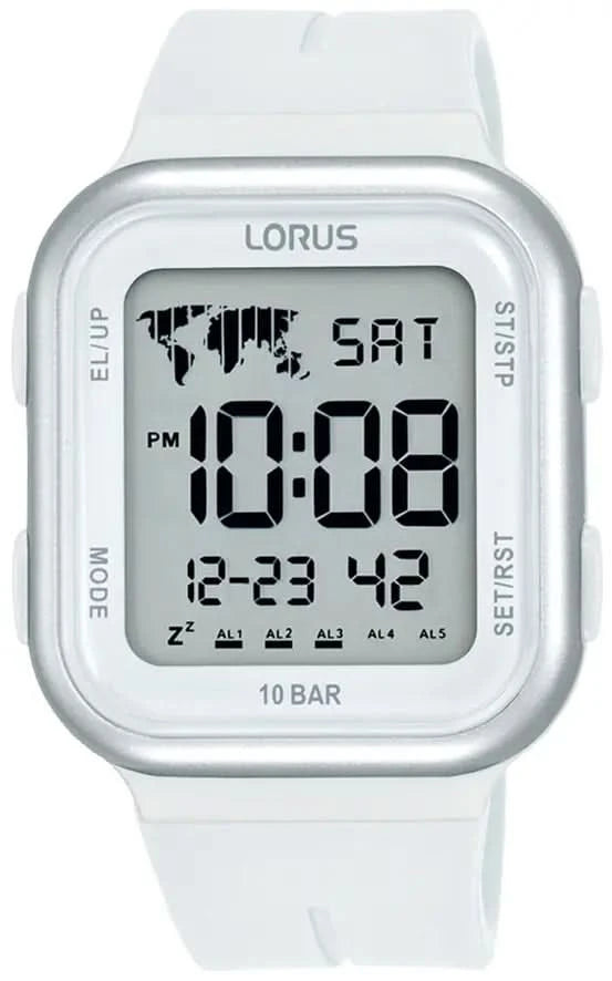 Reloj para hombre con correa de silicona blanca, caja plateada y pantalla digital 10 BAR