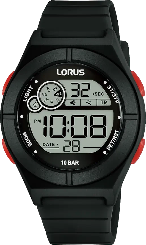 Reloj digital Lorus para hombre: esfera negra con correa de caucho, botones rojos