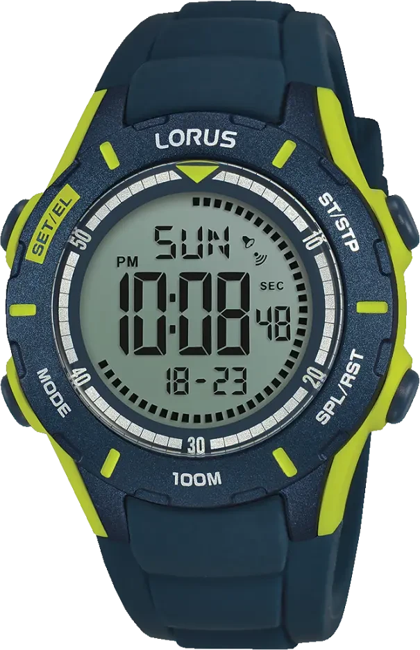 LORUS reloj digital para niño, caja azul con detalles verde neón y pantalla digital