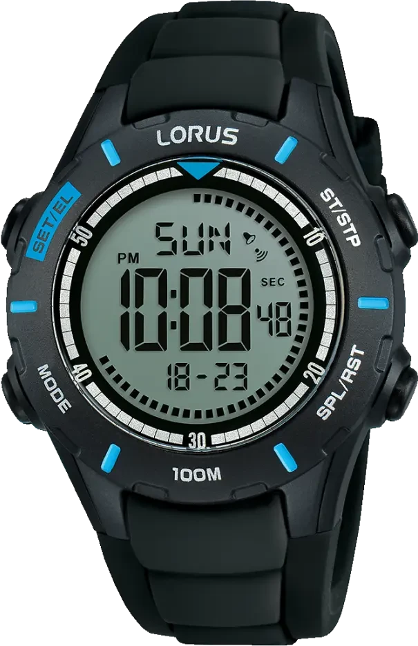 Reloj digital Lorus para hombre con correa negra, detalle de bisel azul y pantalla grande