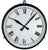 "Reloj de pared redondo: marco negro, esfera plateada con números romanos"