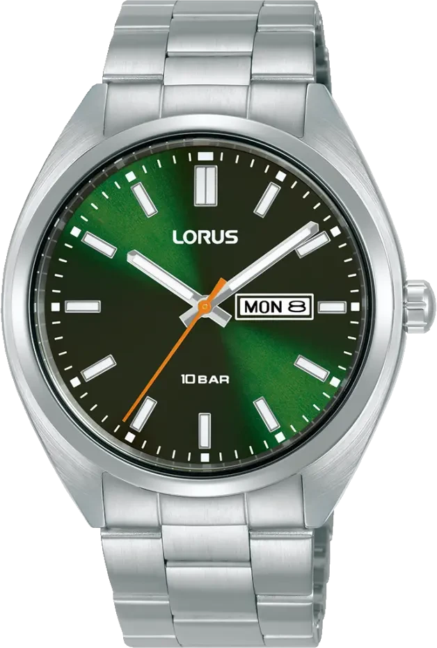 Pulsera de hombre con brazalete de metal plateado, caja redonda y esfera verde con indicador de fecha