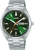 Pulsera de hombre con brazalete de metal plateado, caja redonda y esfera verde con indicador de fecha