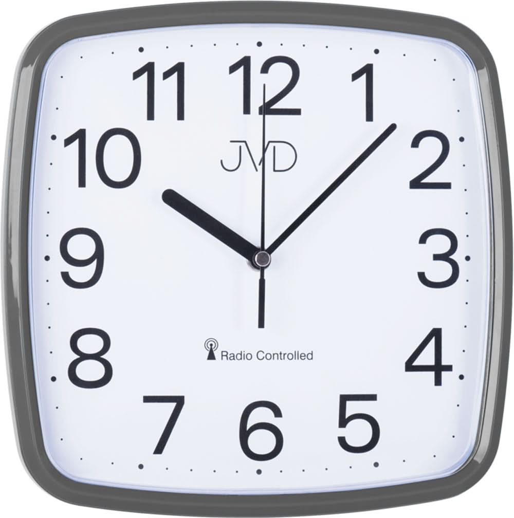 Reloj de pared con marco de plástico gris y esfera blanca, números grandes en negro, controlado por radio