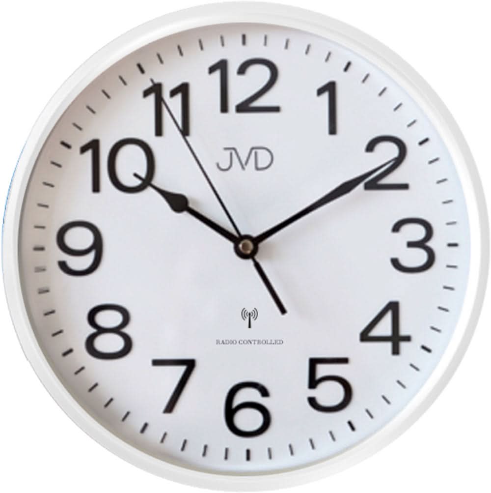 "Reloj de pared redondo con esfera blanca, números y manecillas negras, símbolo de radio"